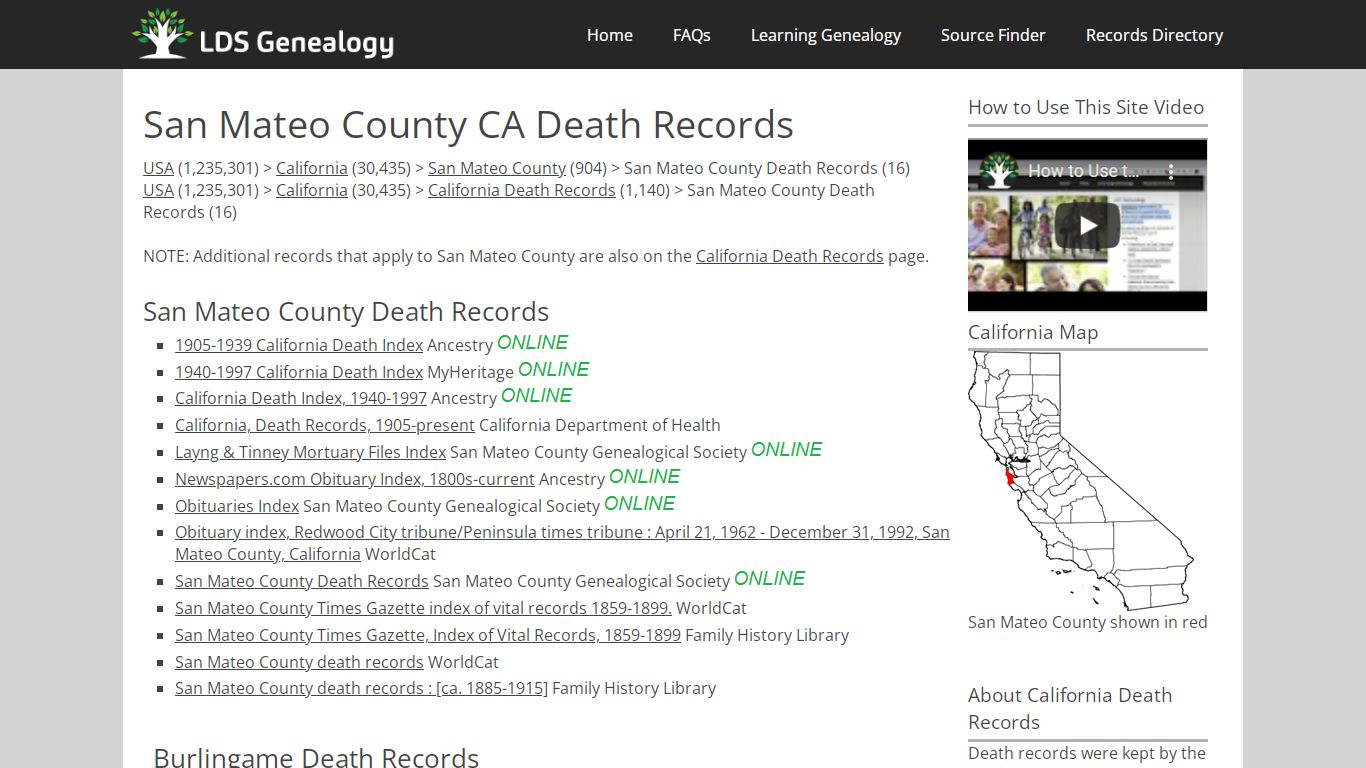 San Mateo County CA Death Records - LDS Genealogy